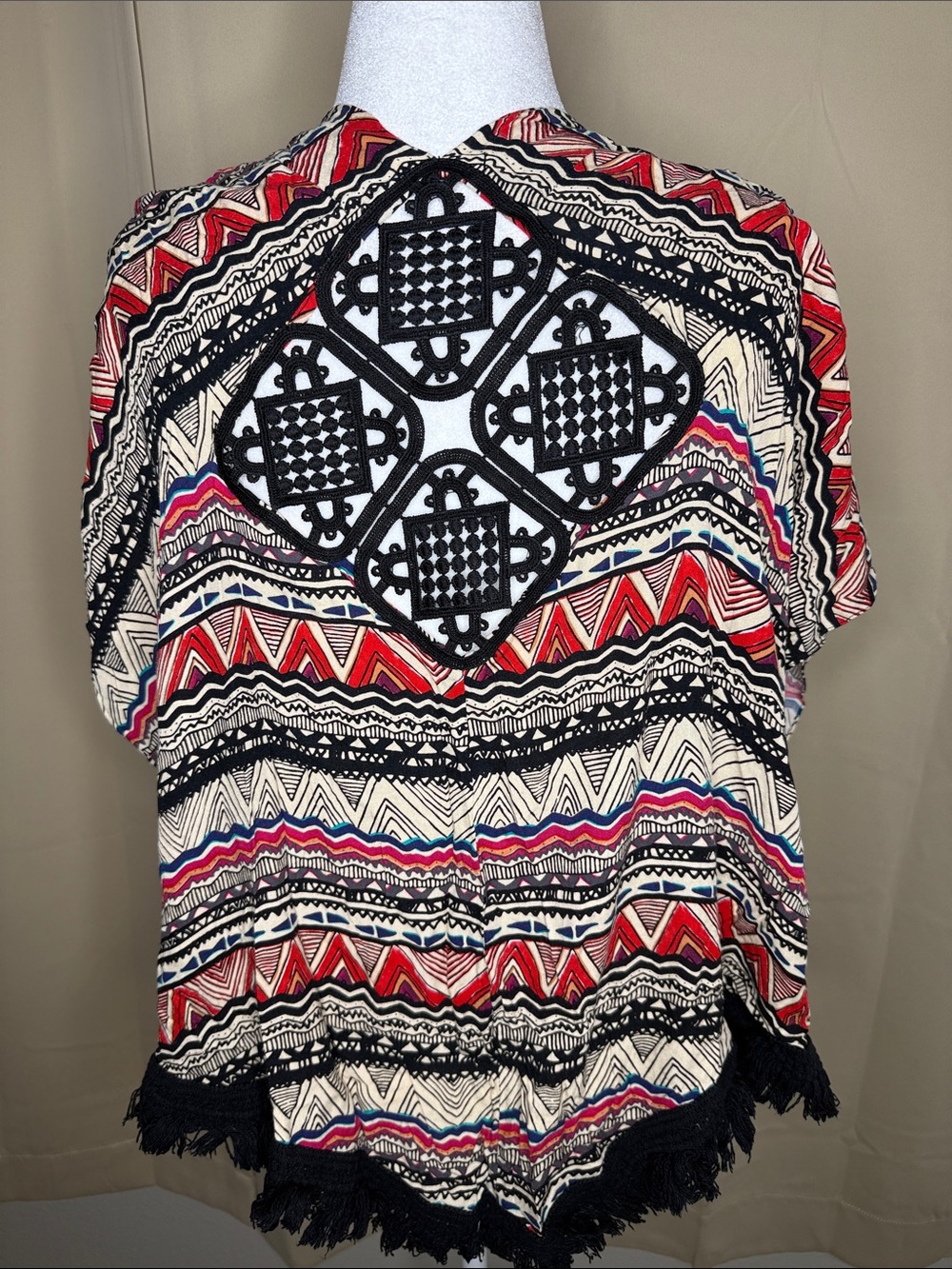 Open-Front Tribal Print Kimono - Red, Black, Cream